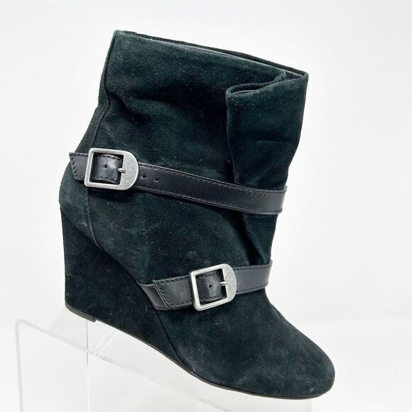 Via Spiga Women's Black Leather Suede Wedge Ankle Boots Size 7.5 Casual Buckles - Picture 1 of 11